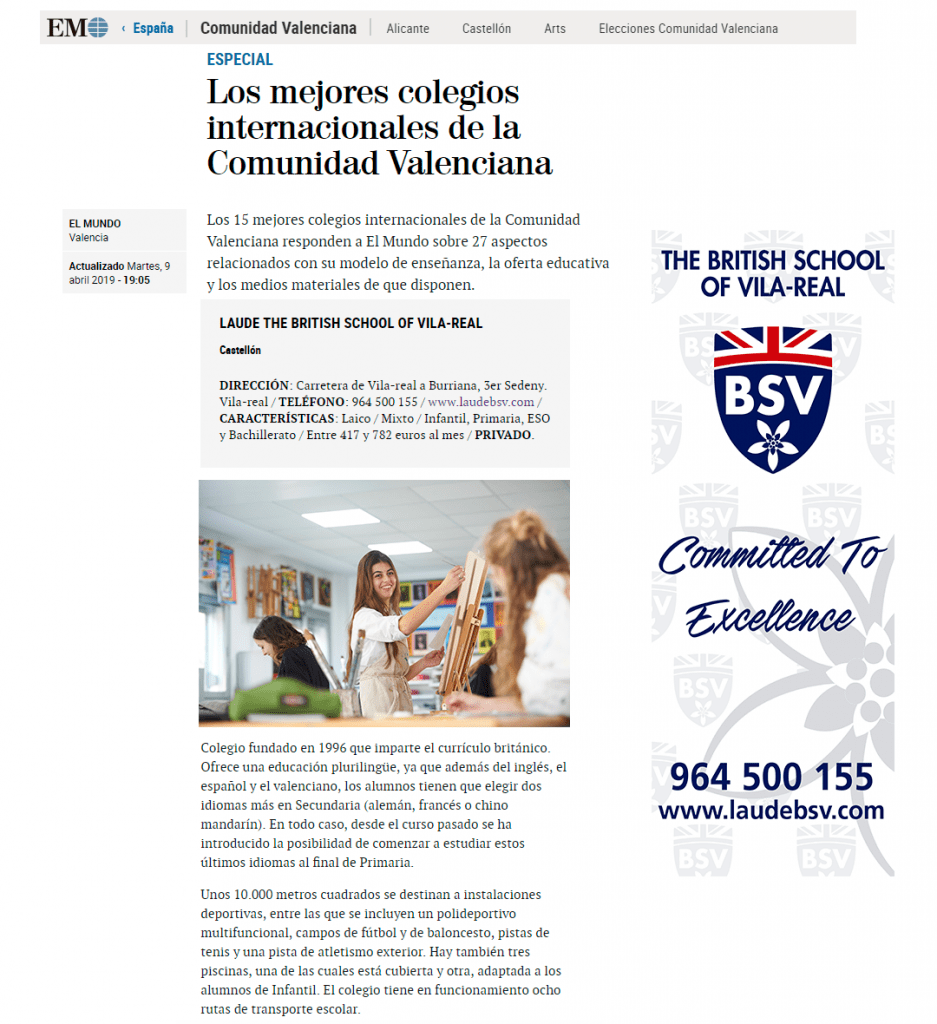 Laude BSV, de los mejores colegios internacionales de la Comunidad Valenciana